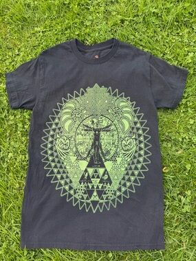 Black Graphic Crewneck T-Shirt with Green Geometric Print